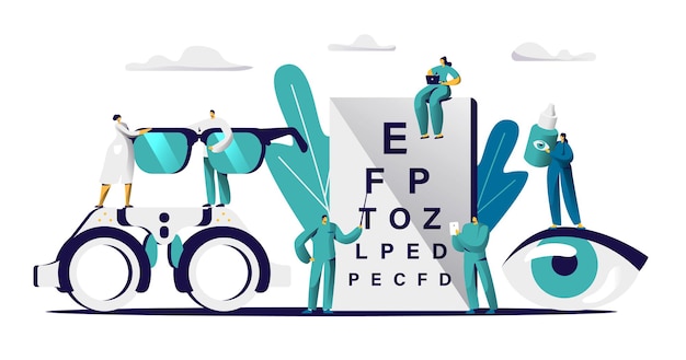 Oftalmologista doctor check eyesight for eyeglasses diopter. oculista masculina com vista de olho de check-up de ponteiro.