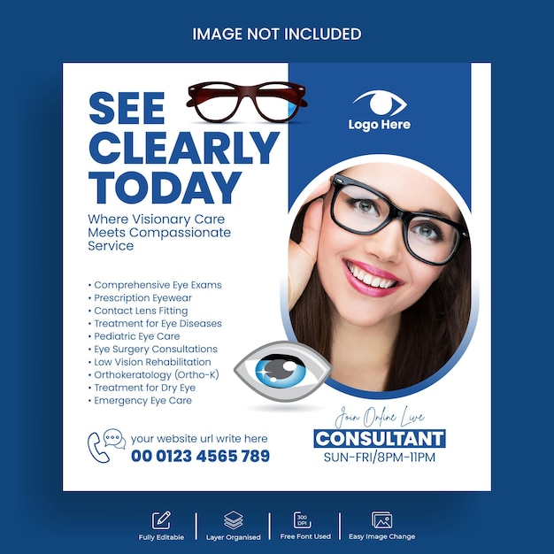 Vetor oftalmologista instagram post banner ou modelo de panfleto quadrado design