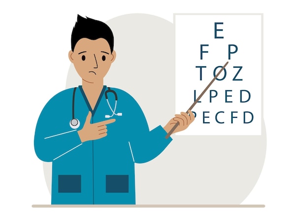 Oftalmologista perto da mesa de teste de visão Diagnóstico e exame oftalmológico Optometrista verifica a visão e escolhe óculos