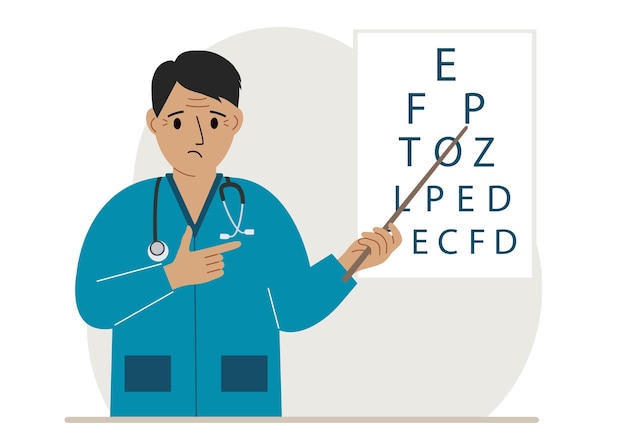 Oftalmologista perto da mesa de teste de visão diagnóstico e exame oftalmológico optometrista verifica a visão e escolhe óculos