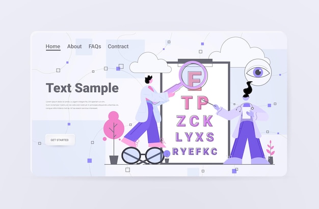 Oftalmologistas verificando oculistas oculistas médicos de uniforme apontando letras para a página de destino do gráfico de visão