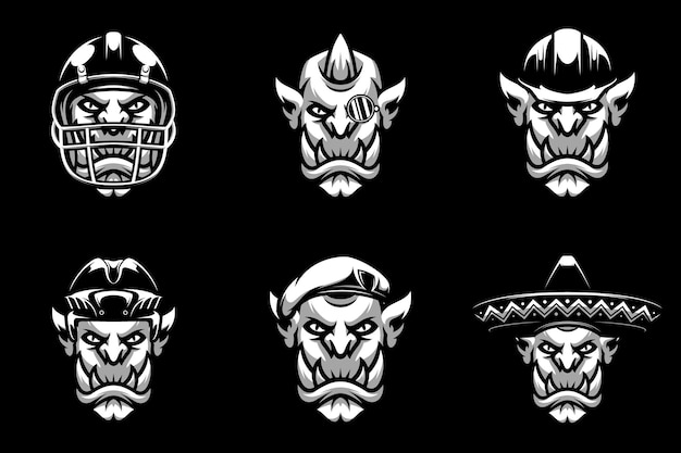 Vetor ogre heads bundle preto e branco