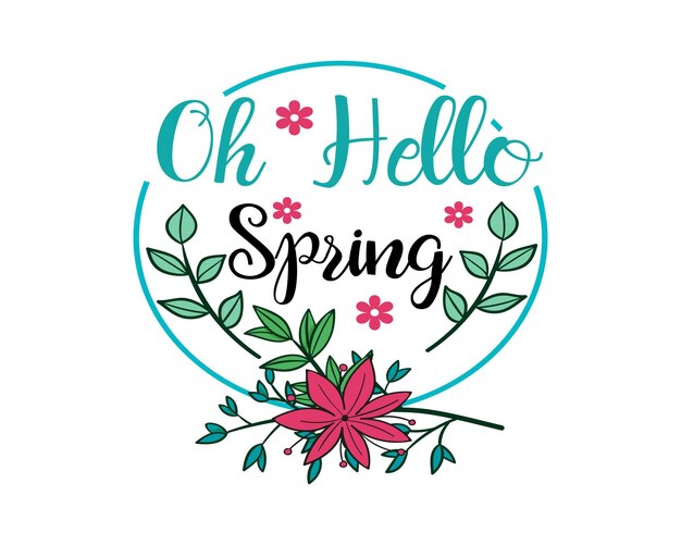 Vetor oh hello spring quote farmhouse welcome wood sign frase de caligrafia arte floral em fundo branco