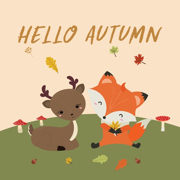 oi outono card.cute fox, cervo bonito