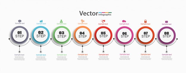 Oito passos infográficos com círculos coloridos