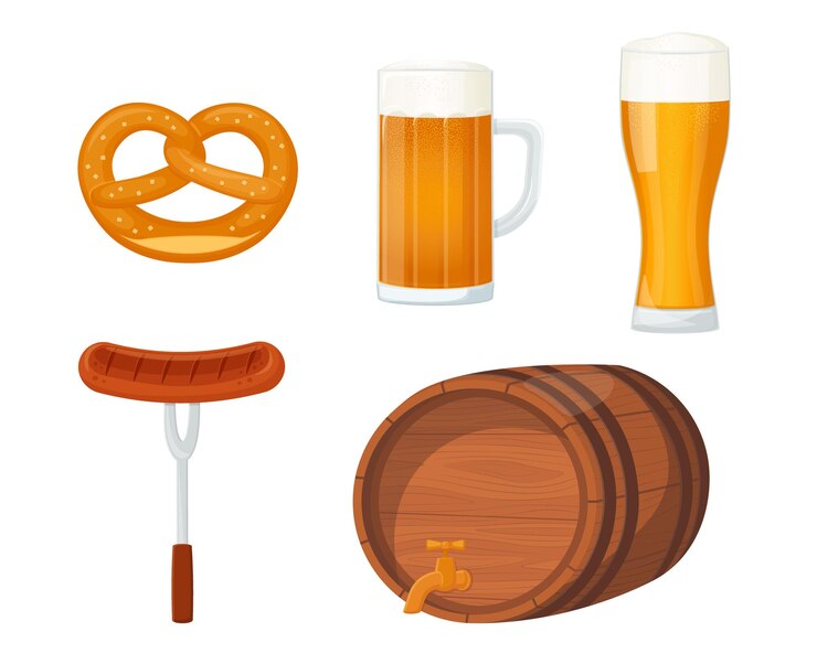 Vetor oktoberfest conjunto com uma caneca de barril de pretzel de cerveja e salsicha ilustrações vetoriais isoladas