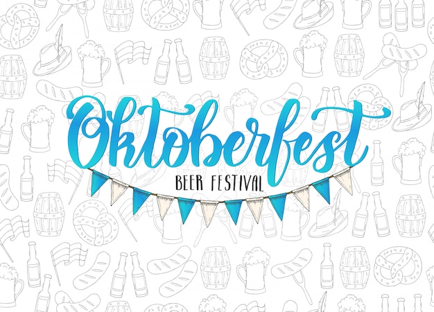 Oktoberfest feita à mão de letras e guirlanda de bandeira no padrão sem emenda.