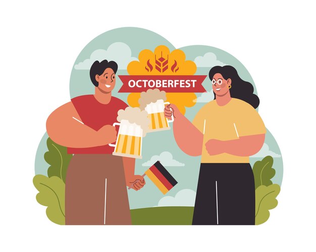 Vetor oktoberfest festival alegre pessoas bávaras ou turistas personagem segurando um copo cheio de cerveja com espuma tradicional carnaval anual de cerveja na alemanha ilustração vetorial plana