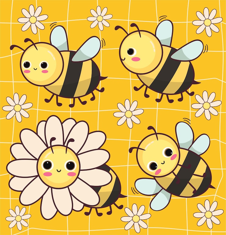 Vetor olá, abelha da primavera, animais bonitos do kawaii, abelha, primavera, verão, flores, jardim, banner