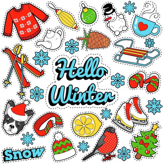 Olá, adesivos de inverno, emblemas, adesivos de decoração com neve, roupas quentes e árvore de natal. doodle