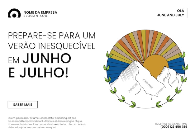 Vetor ola banner de junho de julho com por do sol e ilustração vetorial de montanhas