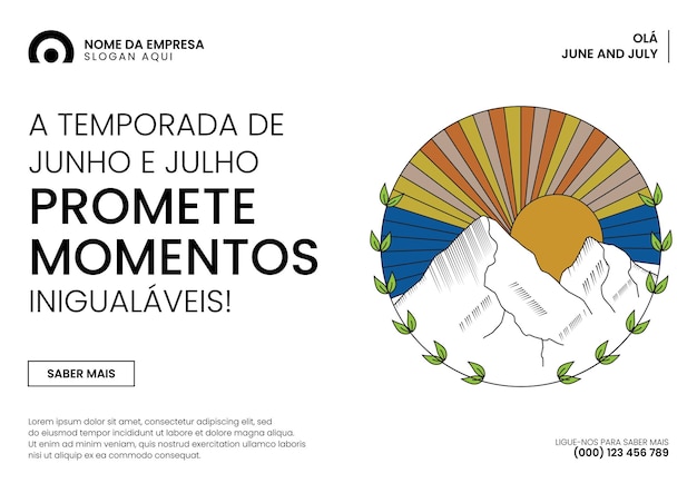 Ola banner de junho de julho com por do sol e ilustração vetorial de montanhas