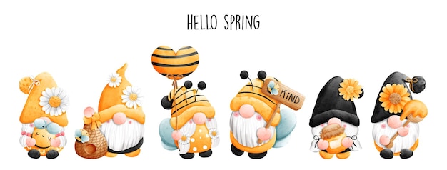 Vetor olá banner de primavera com ilustração vetorial de gnomo de abelha
