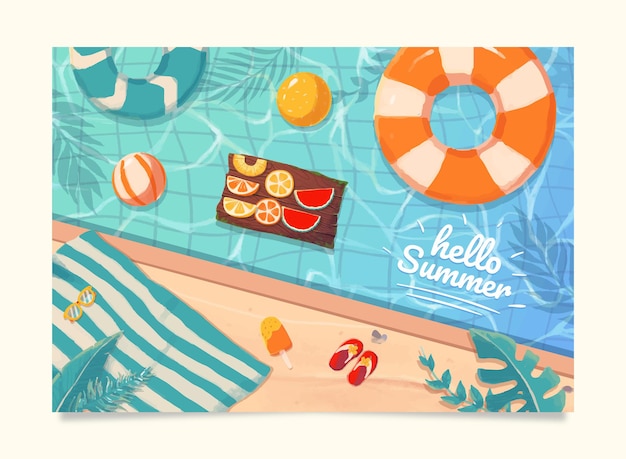 Olá, banner de venda de verão no lindo fundo da piscina com bóia e frutas