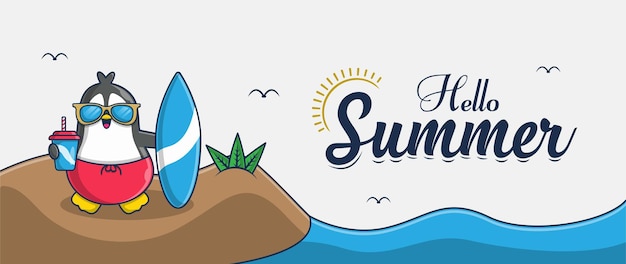 Olá, banner de verão com design de personagens de ilustração de pinguins de férias na praia