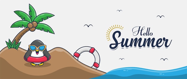 Olá, banner de verão com design de personagens de ilustração de pinguins de férias na praia