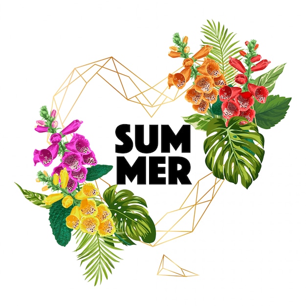 Olá banner de verão com flores tropicais