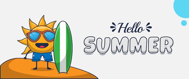 Olá, banner de verão com personagem do sol carregando prancha de surf