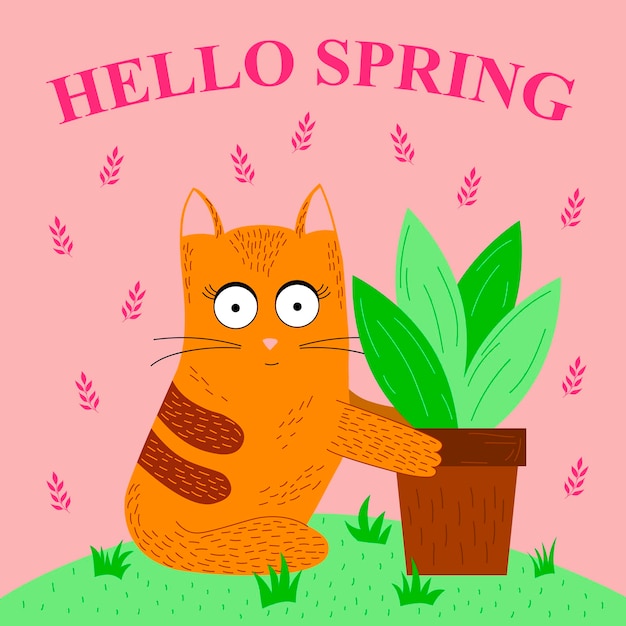 Vetor olá cartão de primavera com gato ruivo e vaso de plantas