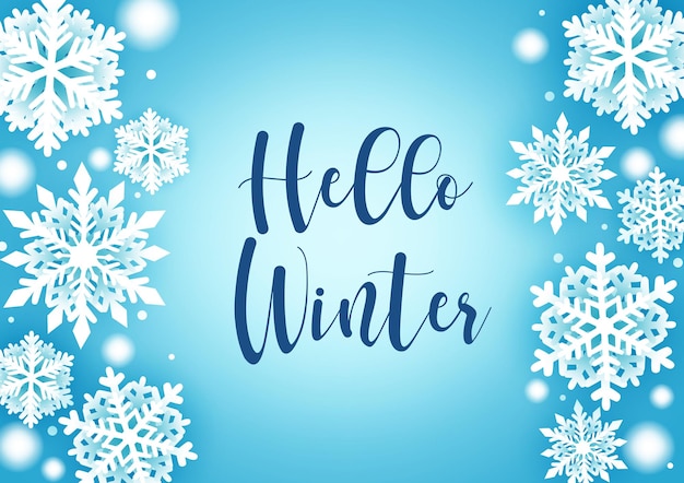Olá cartão de saudação de inverno com fundo vetorial de floco de neve Texto de saudação de inverno com neve