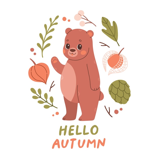 Vetor olá cartão postal de outono com urso cartão de floresta com folhas e animal bonito da floresta em branco