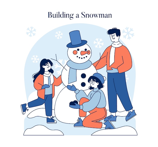 Olá conceito de inverno uma família feliz gosta de fazer um boneco de neve na estação de neve capturando um alegre