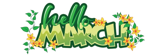 Olá decoração de férias de março caligrafia esverdeada com folhas e flores em branco