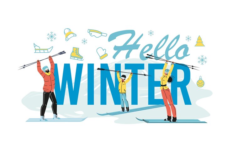 Vetor olá design de cartaz de inverno com família feliz no esqui. mãe, pai e filho alegres desfrutam de esportes de inverno atividades ao ar livre