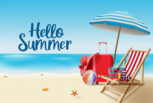 Olá design de fundo vetorial de verão Olá texto de saudação de verão em fundo à beira-mar com praia