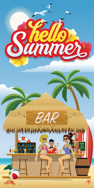 Olá flyer de verão com bar de praia