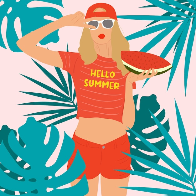 Olá ilustração de garota de verão com fundo de folhas tropicais