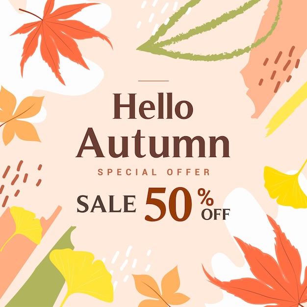 Olá ilustração vetorial de venda de outono Folhas de outono com traços abstratos