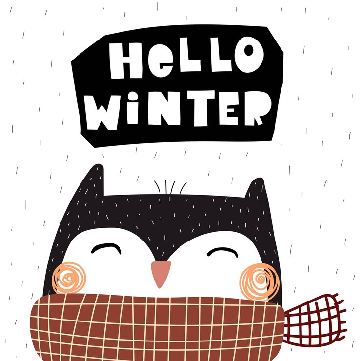 Olá inverno. Coruja dos desenhos animados, letras de desenho à mão, elementos de decoração