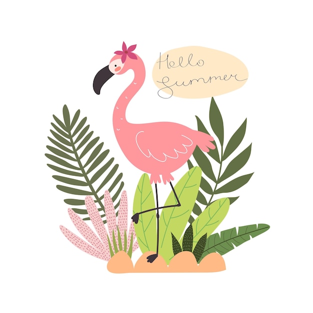 Olá letras de desenho de mão de flamingo dos desenhos animados de verão