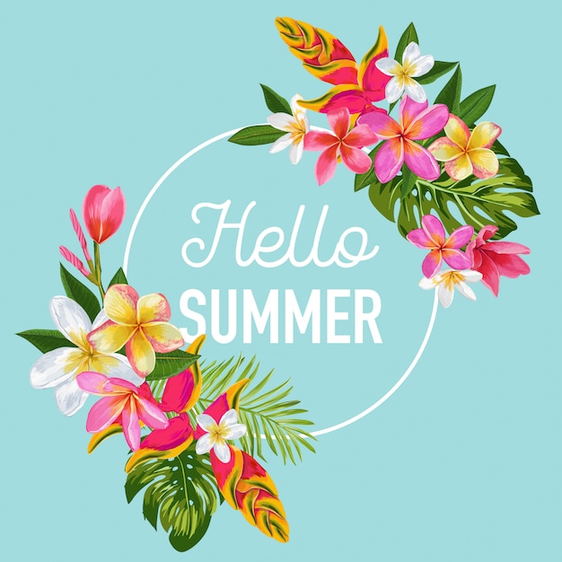 Olá letras de verão com moldura floral tropical
