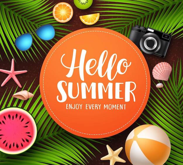 Olá, modelo de banner de vetor de verão com texto de saudação em folhas de palmeira de círculo laranja e praia