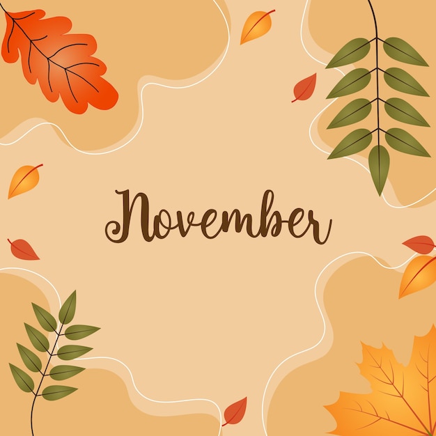 Olá novembro, texto de boas-vindas de novembro para cartão de cumprimentos com folhas caídas. ilustração vetorial.
