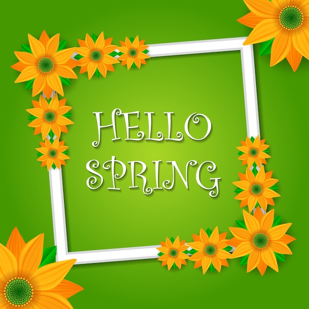 Olá primavera design de cartão verde com flores e texto na ilustração de moldura quadrada