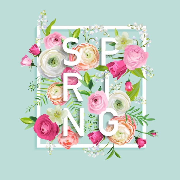 Vetor olá primavera design floral com flores cor de rosa desabrochando. fundo botânico de primavera para decoração, cartaz, banner. ilustração vetorial