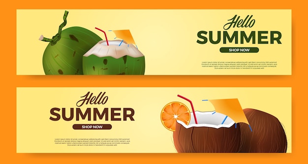 Olá promoção de banner de verão com bebida de coco realista 3d