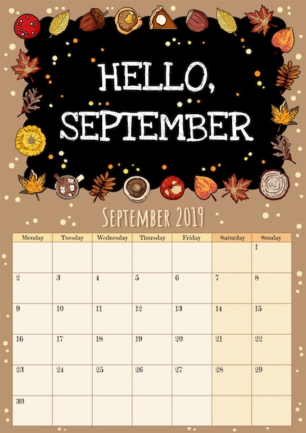 Vetor olá setembro inscrição lousa hygge aconchegante 2019 mês calendário planejador com decoração de outono