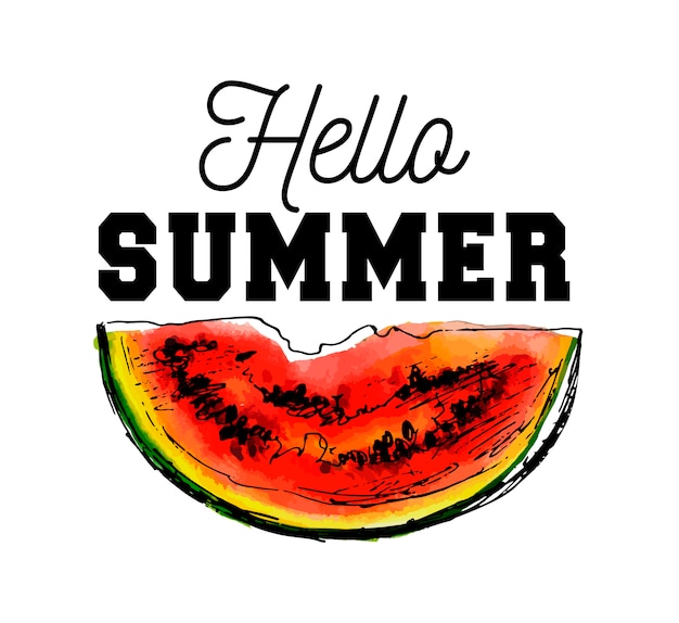 Vetor olá slogan do verão ilustração em aquarela de melancia no papel de textura.