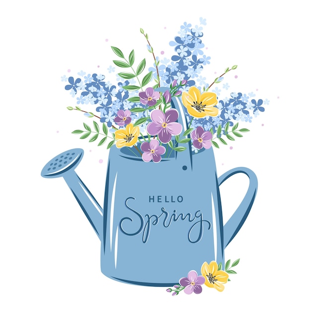 Olá texto de primavera lindo regador com flores de primavera plantas de jardim