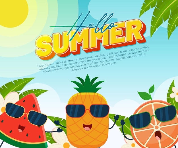 Olá verão com frutas felizes