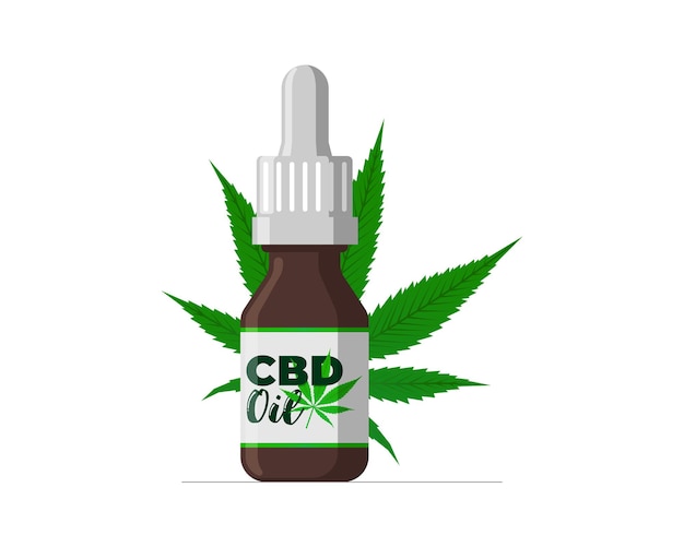 Óleo de cânhamo cbd de extrato de cannabis medicinal em frasco de vidro marrom ícone de folha de maconha rótulo do produto