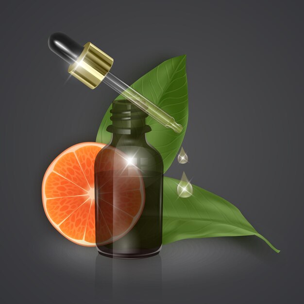 Óleo essencial com fatia de laranja, vitamina c, ilustração 3d realista.