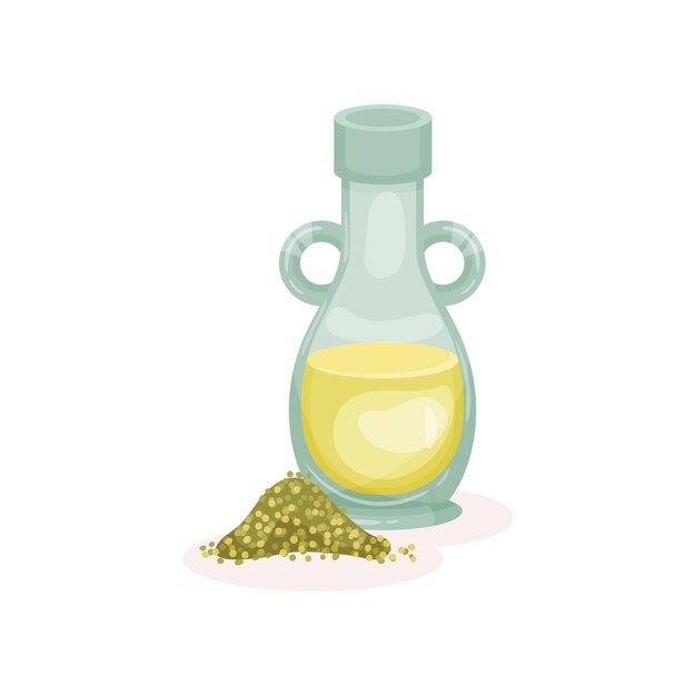 Óleo fresco em garrafa de vidro e pilha de sementes de mostarda Produto orgânico e saudável Ingrediente de cozinha 100 natural Tema culinário Ícone vetorial colorido em estilo plano isolado em fundo branco