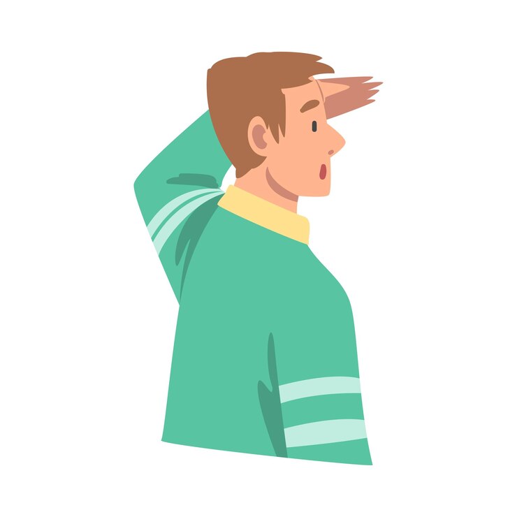 Vetor olhando para o caráter humano do futuro com a mão na testa ilustração vetorial