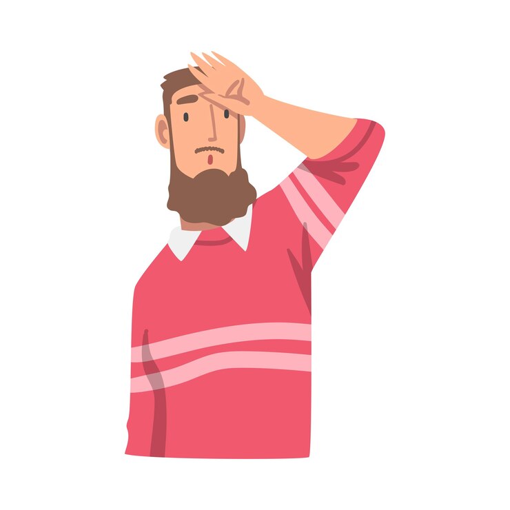 Vetor olhando para o futuro personagem de homem barbudo com a mão na testa ilustração vetorial