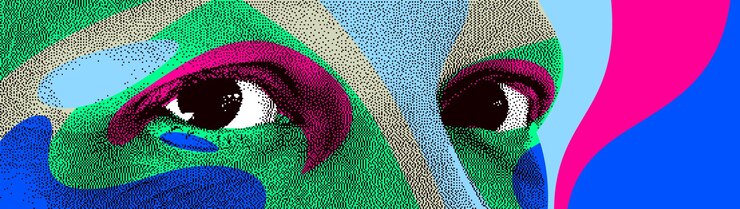 Vetor olhando para os olhos abstração vetorial de estilo de design pontilhado de 8 bits, elemento de design estilizado de rosto humano, com splats coloridos.